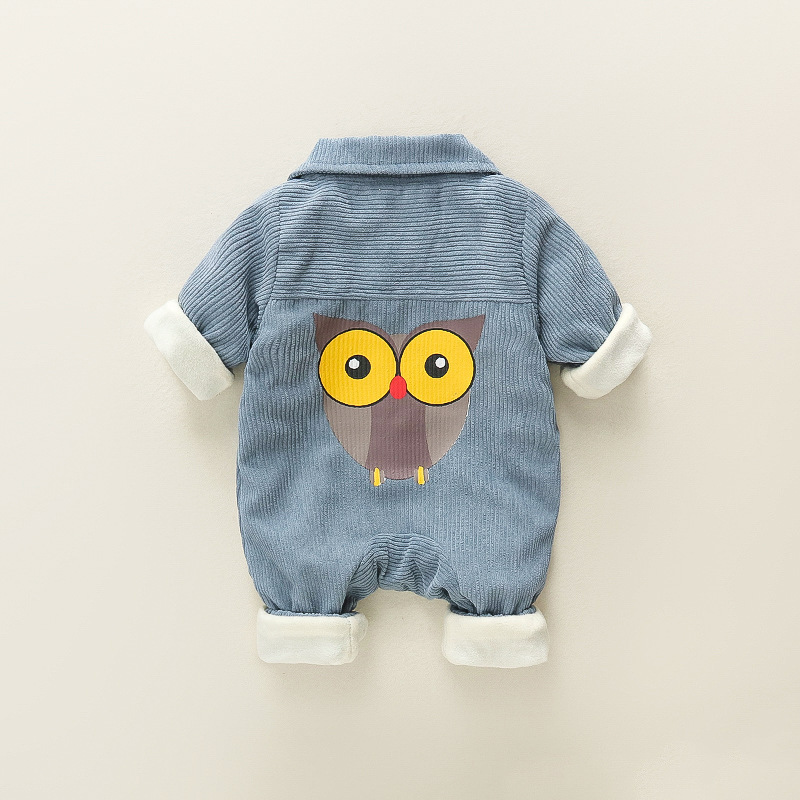 Baby Owls Pattern Solid Color Corduroy Romper-kissminis