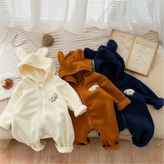Baby Boy/Girl Cute Puppy Pattern Solid Color Fleece Long Sleeve Hooded Romper-kissminis