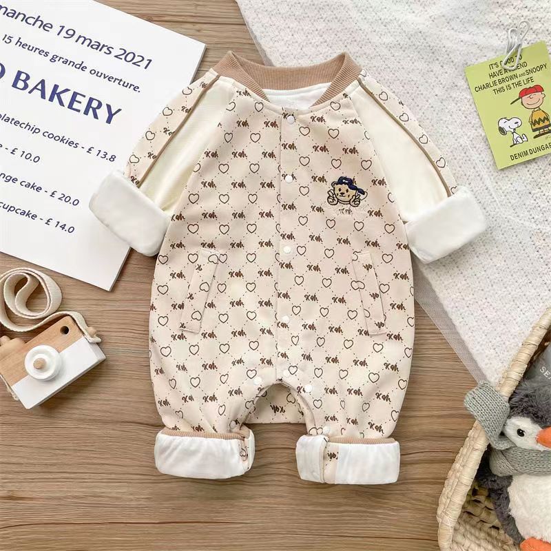 Baby Boy Cartoon and Heart Graphic Stand Collar Long Sleeve Romper-kissminis