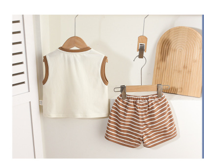 Sleeveless White Top with Koala Print and Brown Striped Shorts Set