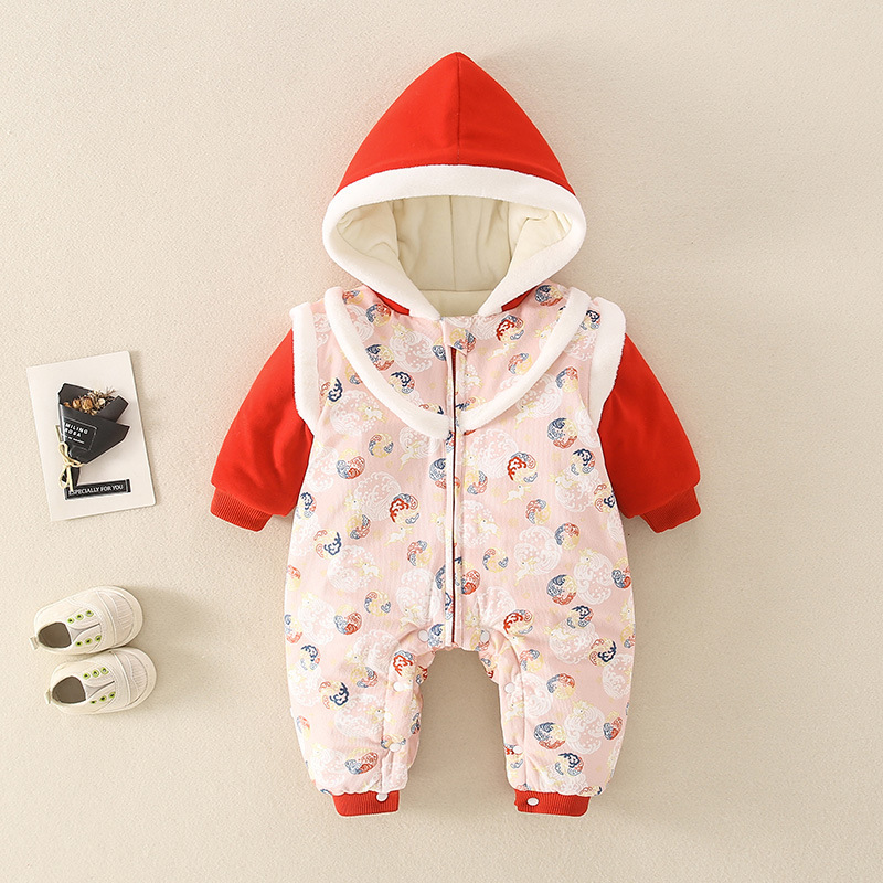 Baby Girl/Boy Winter Thicken Chinese New Year Style Long Sleeve Hooded Romper-kissminis