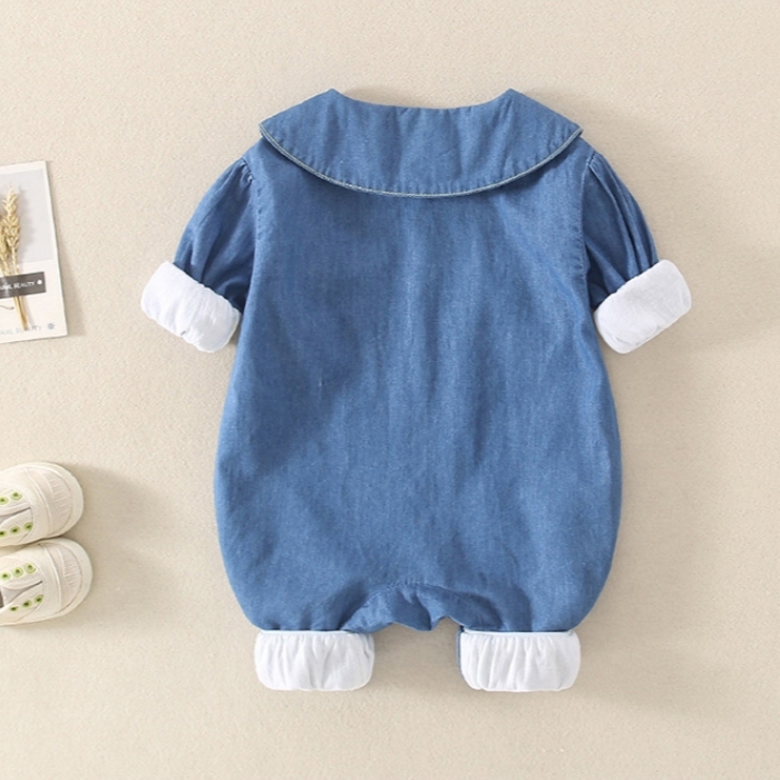 Baby Cartoon Graphic Denim Polo Collar Romper-kissminis