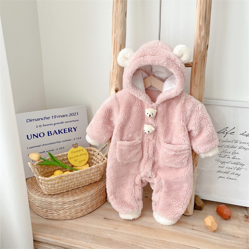Winter Baby Boy/Girl Winter 3D Bear Doll Long Sleeve Hooded Thicken Fluff Romper-kissminis
