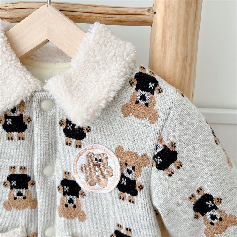 Baby Boy/Girl Winter Polo Collar Allover Bear Print Long Sleeve Fluff Romper-kissminis
