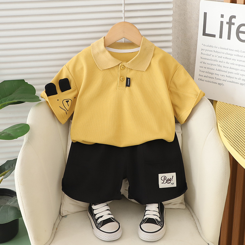 Polo Short-sleeve Shirt with Bear Motif Pocket and Beige Shorts Set