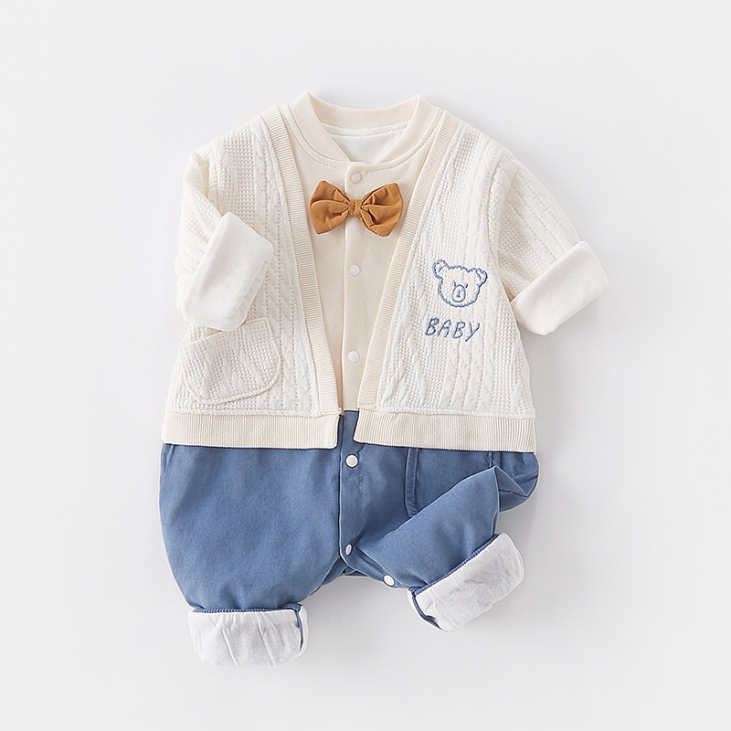 Baby Boy/Girl 95% Cotton Fake Two Pieces Cute Bear Pattern Long Sleeve Romper-kissminis