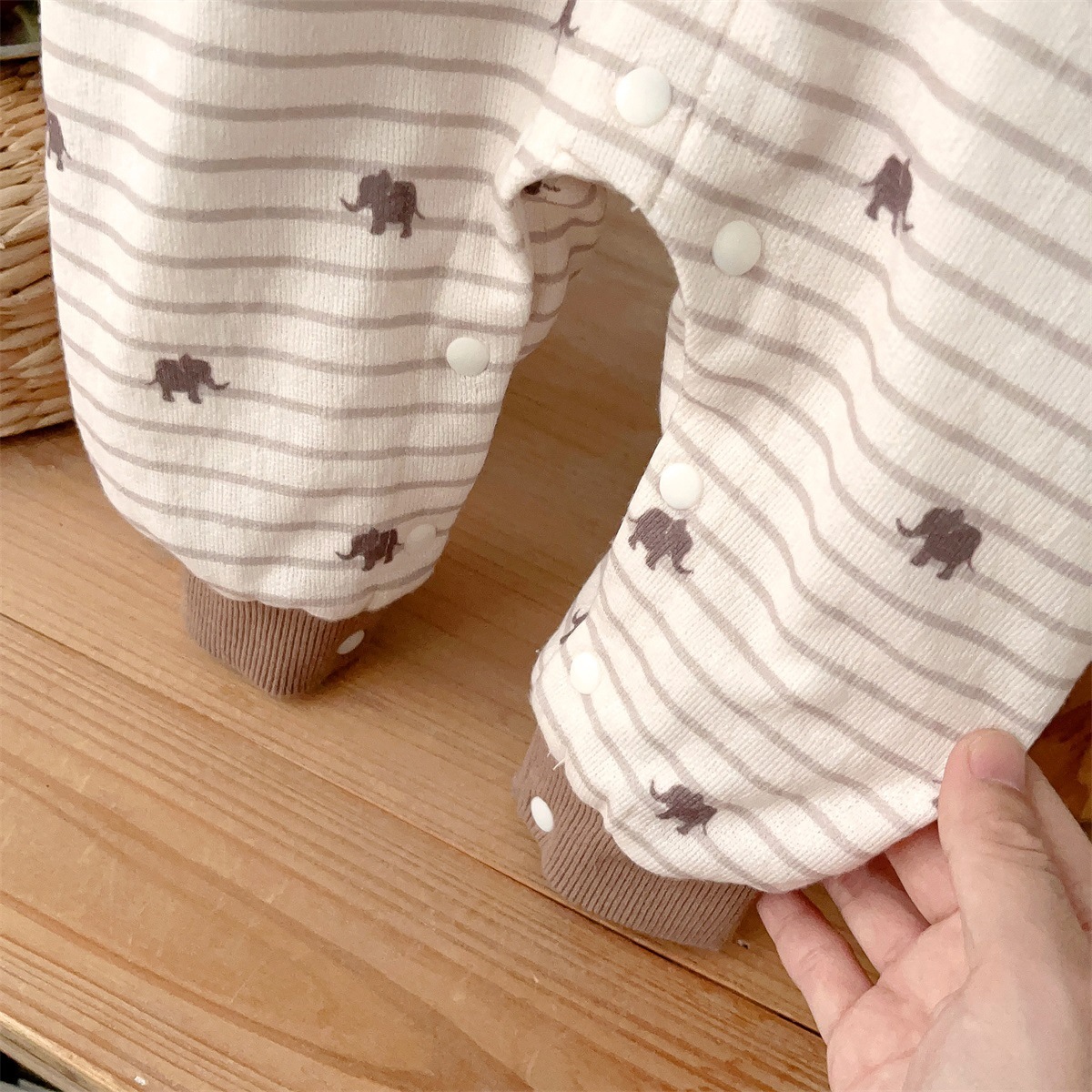 Elephant Print and 3D Dog Decoration on Pocket Striped Romper