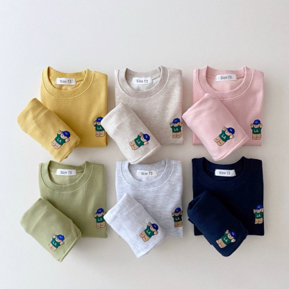Toddler Boy/Girl Embroideried Mini Baseba Bear Solid Color T-shirt and Casual Pants Set