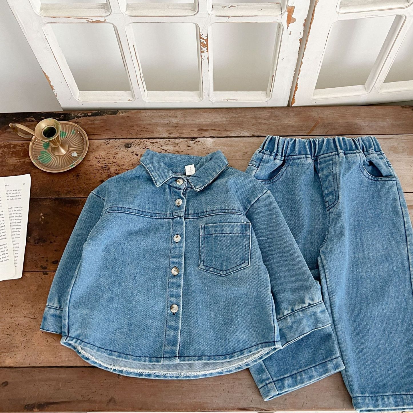 2pcs Baby Solid Color Denim Jacket and Pants Set-kissminis