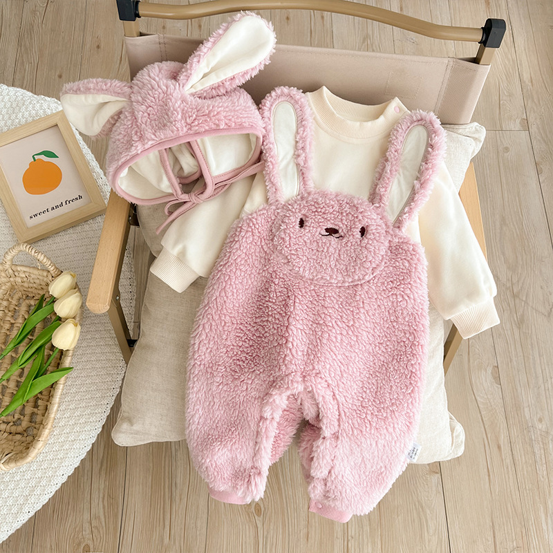 Baby Girl Cute Rabbit Design Solid Color Fluff Long Sleeve Romper and Hat Set-kissminis
