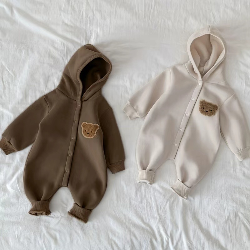 Baby Toddler Boy/Girl Bear Patch Solid Color Long Sleeve Fluff Romper