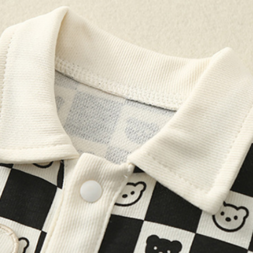 Baby Boy/Girl Gingham White Black Bear Graphic Long Sleeve Romper-kissminis