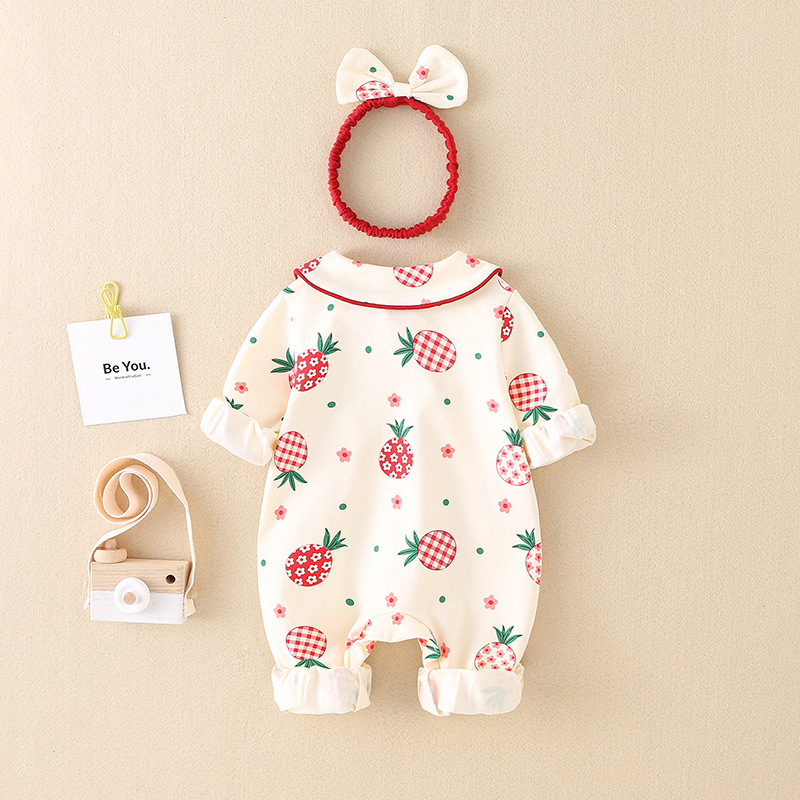 2pcs Baby Girl Allover Red Pineapple Print Plate Buckle Ruffle Flounce Casual Romper with Hairband Set