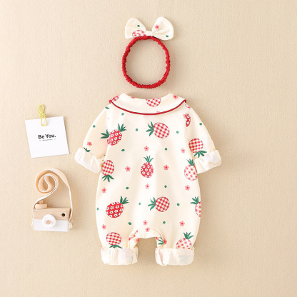 2pcs Baby Girl Allover Red Pineapple Print Plate Buckle Ruffle Flounce Casual Romper with Hairband Set