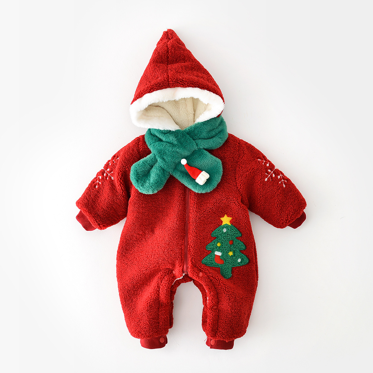 2pcs Winter Baby Boy/Girl Christmas Tree and Snow Embroidery Long Sleeve Hooded Romper with Scarf Set-kissminis