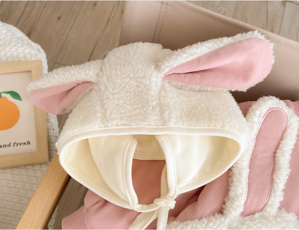 Baby Girl Cute Rabbit Design Solid Color Fluff Long Sleeve Romper and Hat Set-kissminis