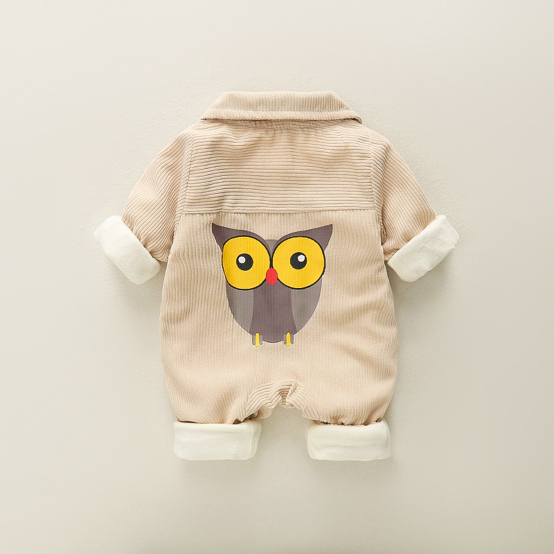 Baby Owls Pattern Solid Color Corduroy Romper-kissminis