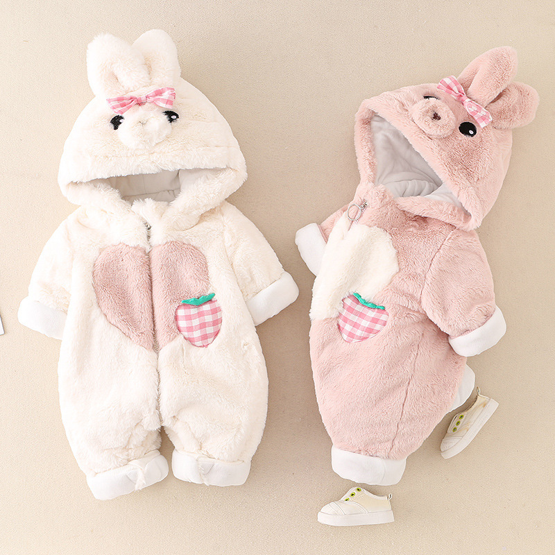 Baby Girl Winter Thicken Warm Cotton Cute Heart Rabbit Long Sleeve Fluff Romper-kissminis
