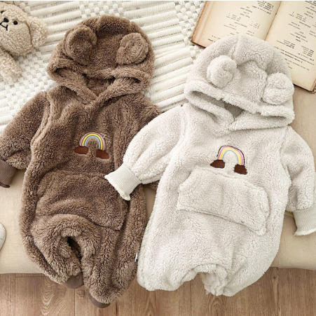 Baby Boy/Girl Cute Bear Design and Rainbow Pattern Fluff Long Sleeve Hooded Romper-kissminis