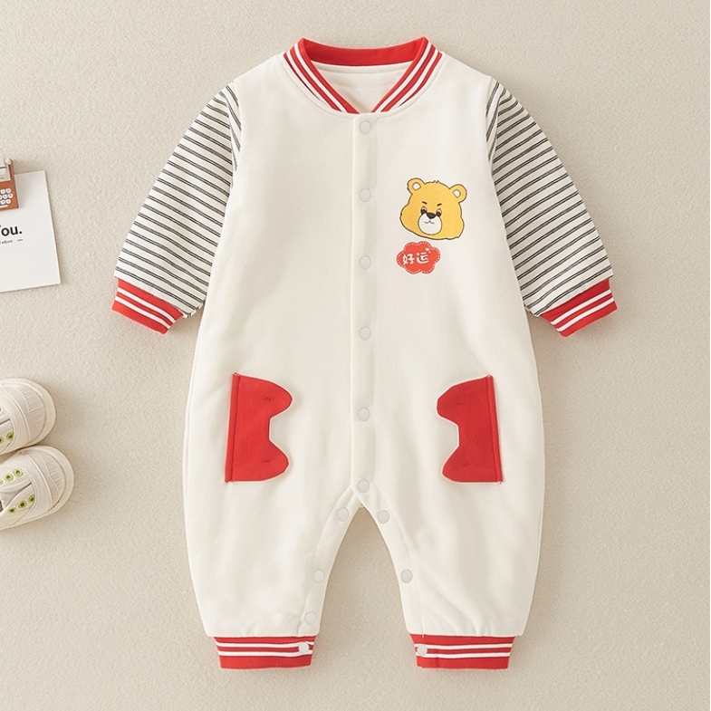 Baby Boy/Girl Bear Print Striped Splicing Long Sleeve Romper-kissminis