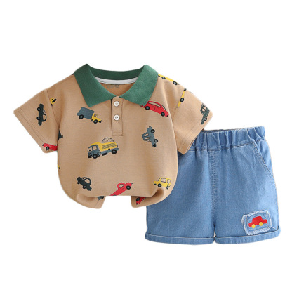 2pcs Vehicle Print Shirt with Green Collar Polo Short Sleeve Shorts Set