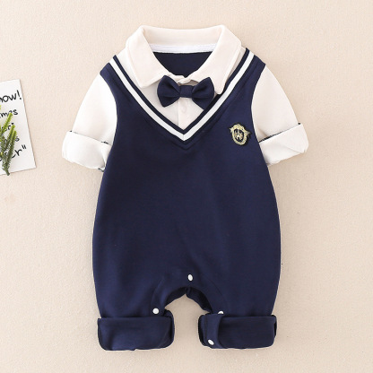 Mock Two-pieces Baby Boy Gentleman Bow Tie Long Sleeve Casual Rompe
