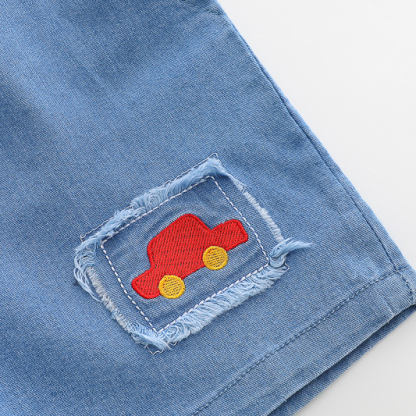 2pcs Vehicle Print Shirt with Green Collar Polo Short Sleeve Shorts Set