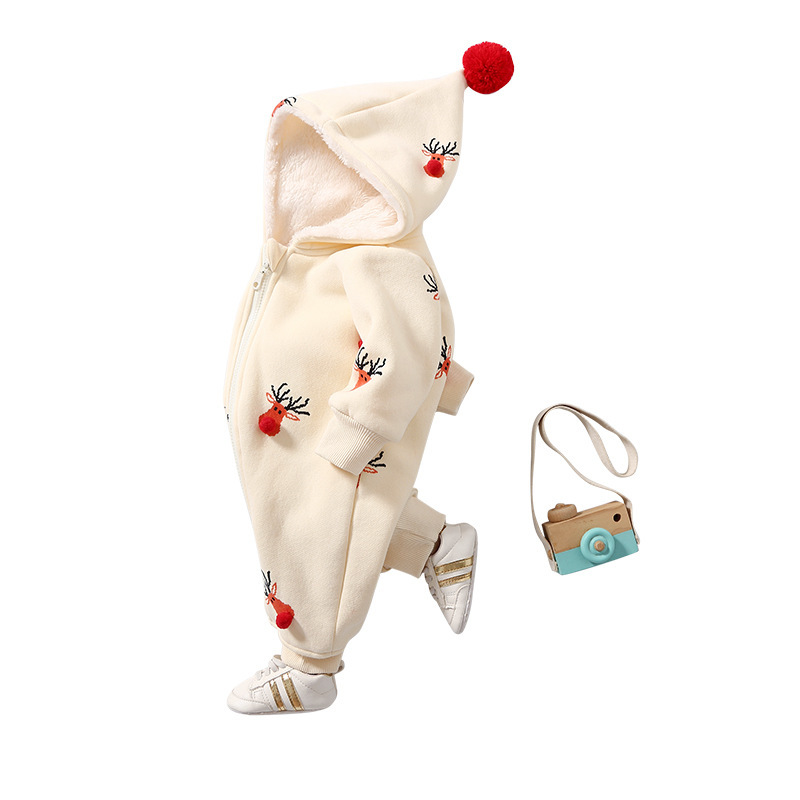 Baby Boy/Girl Christmas Style Allover Elk Pattern Long Sleeve Hooded Romper-kissminis