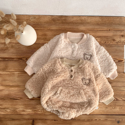 2pcs Winter Baby Boy/Girl Cute Bear Design Fluff Long Sleeve Romper with Hat Set-kissminis
