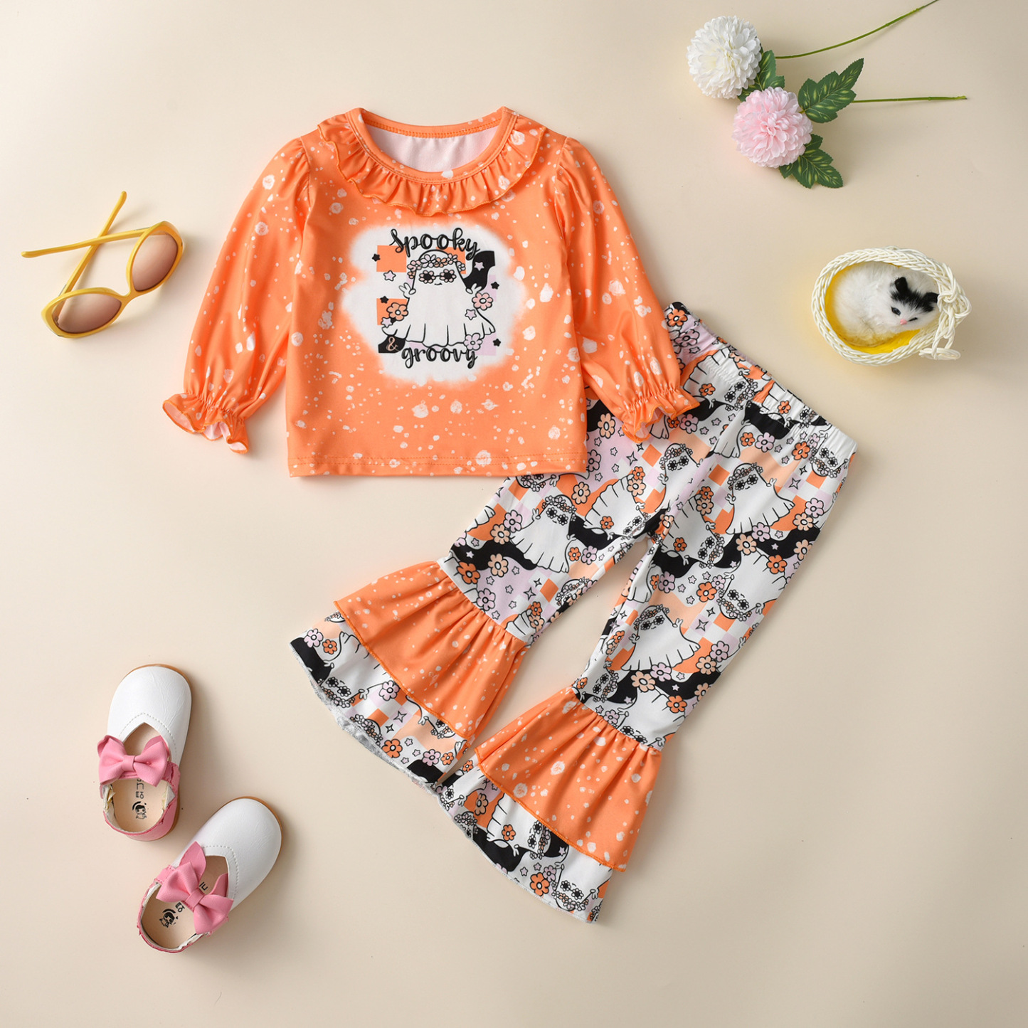 2pcs Toddler Girl Halloween Pumpkin and Ghost Print Bowknot Long Sleeve Tops and Bell Bottoms Set-kissminis