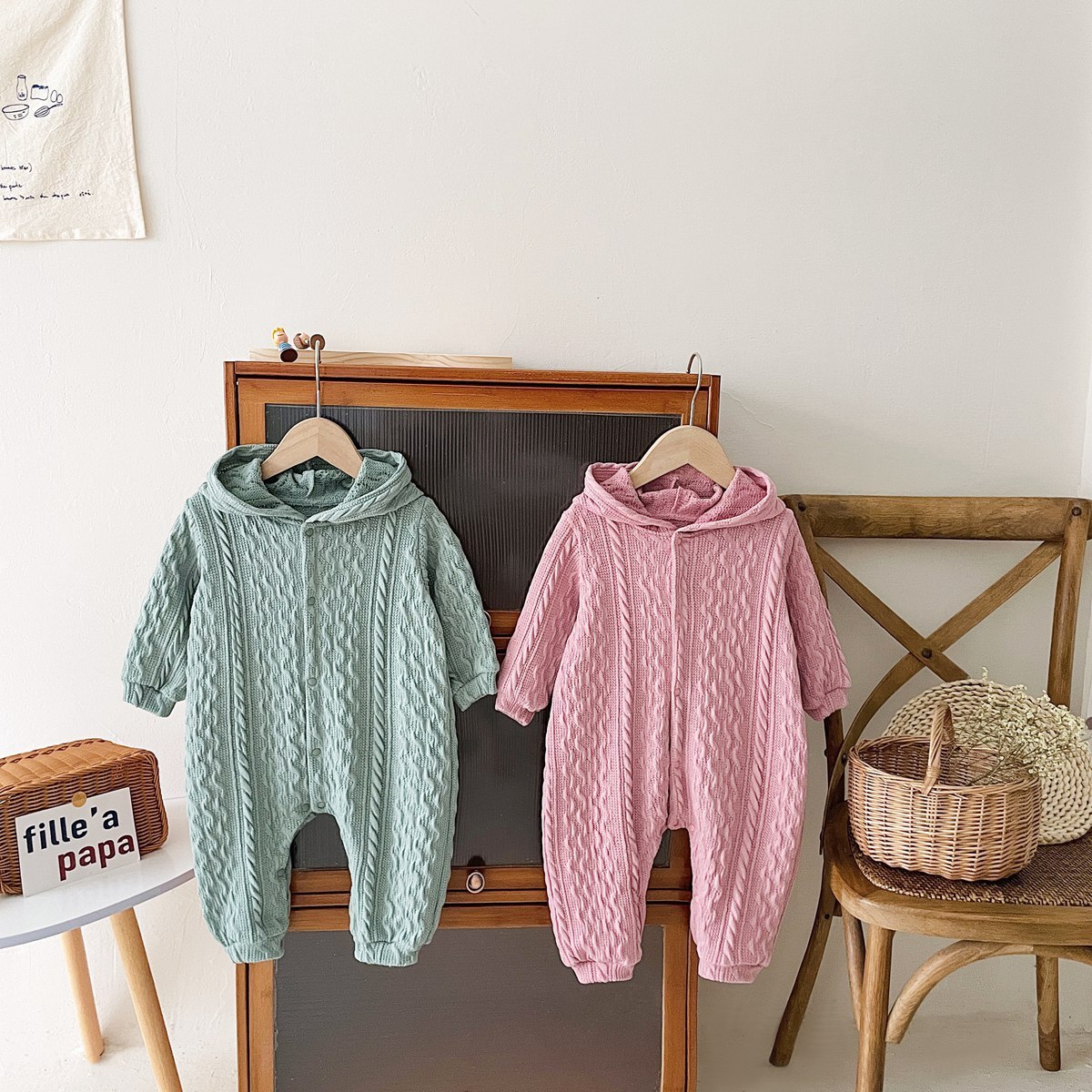 Baby Girl Solid Color Cute Rabbit Ears Design Knitted Long Sleeve Hooded Romper-kissminis