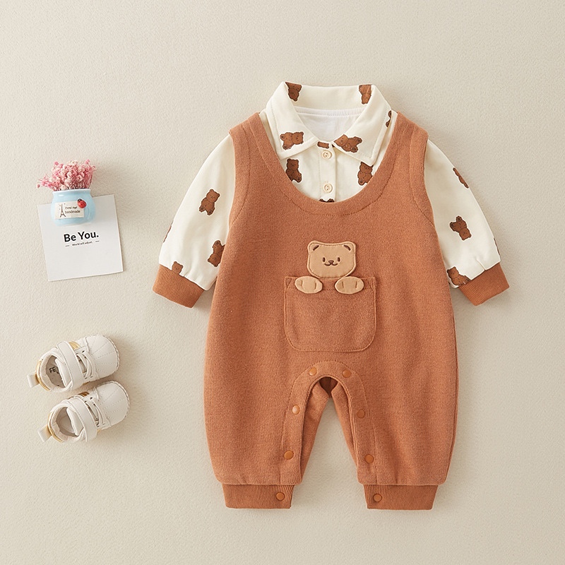 Baby Cartoon Bear Graphic Mock Two Pieces Long Sleeve Romper-kissminis