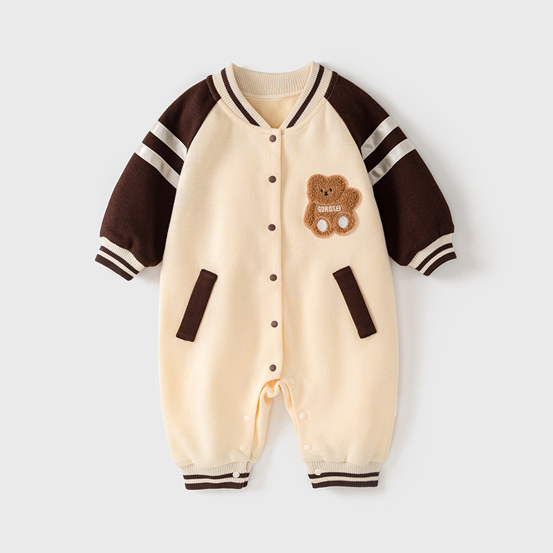 Baby Boy Cute Fluff Bear Graphic Pocket Long Sleeve Romper-kissminis