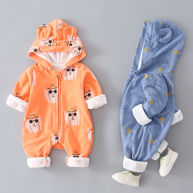 Baby Boy/Girl Winter Cute Cartoon Cat Pattern Hooded Romper-kissminis