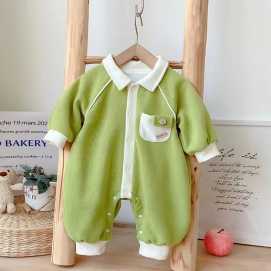 Newborn Baby Boy/Girl Lapel Button Pockets Design Soild Color Winter Long Sleeve Romper-kissminis