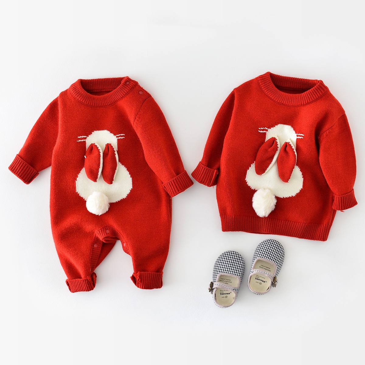 Baby Girl Red 3D Rabbit Design Long Sleeve Knitted Romper-kissminis