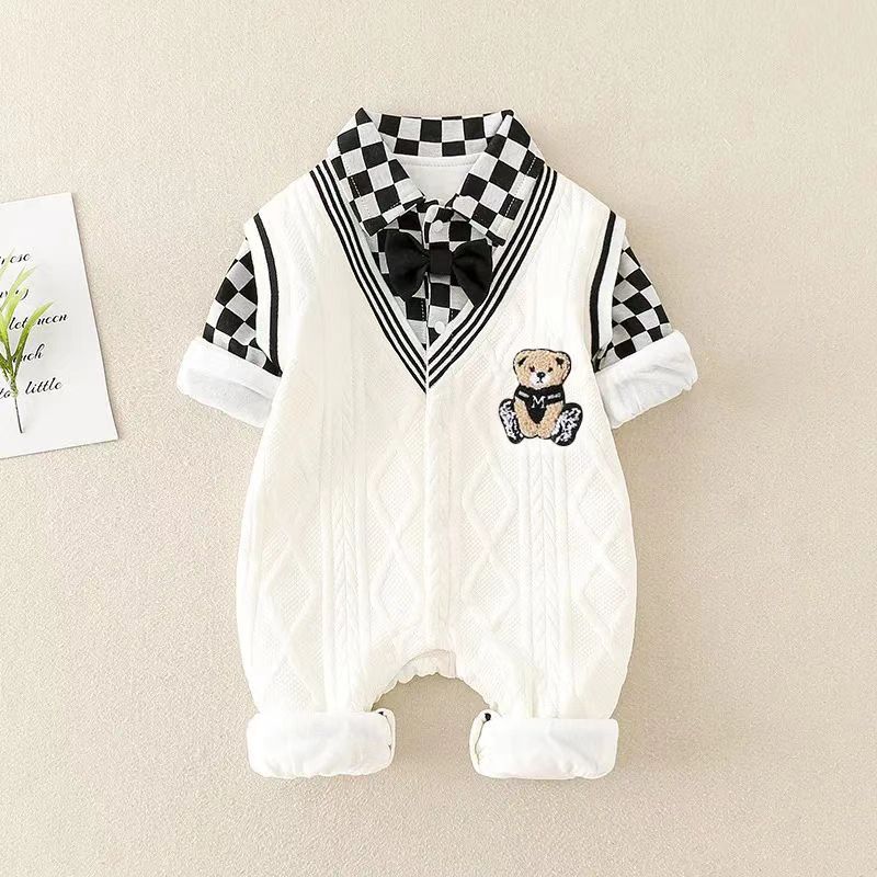 Mock Two-pieces Baby Boy Bear Print Plaid Bow Tie Collar Romper
