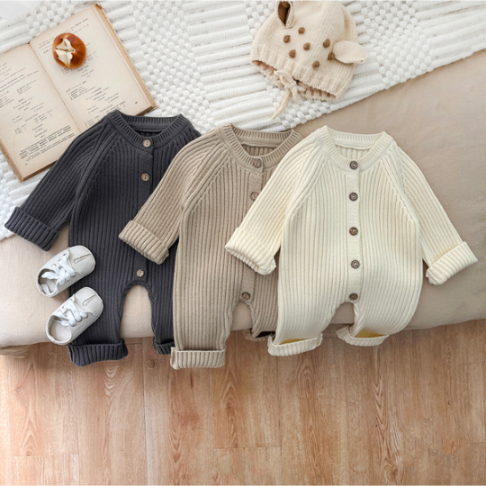 Baby Boy/Girl Solid Color Knitted Single Breasted Long Sleeve Romper-kissminis