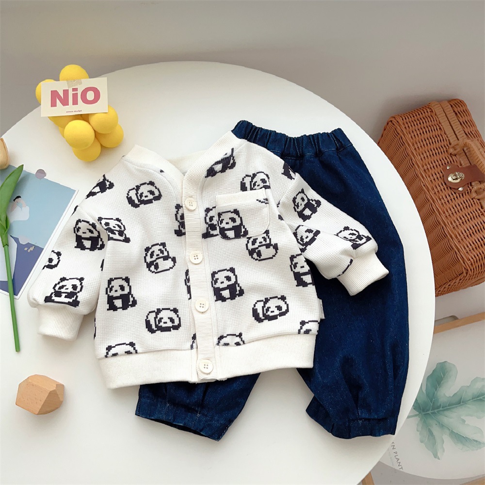 Baby Boy Panda Print Long Sleeve Cardigan with Denim Pants Set-kissminis
