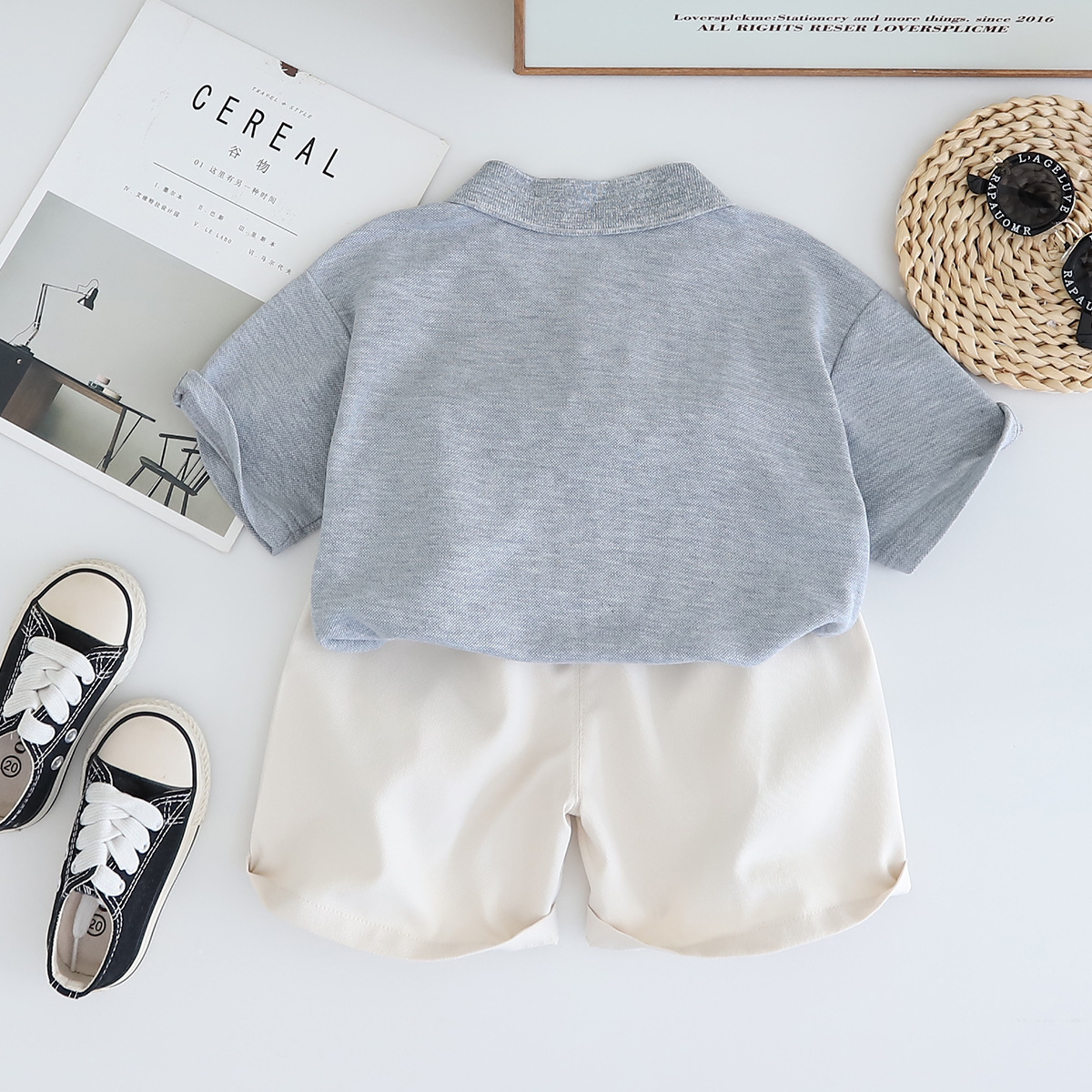 Polo Short-sleeve Shirt with Bear Motif Pocket and Beige Shorts Set