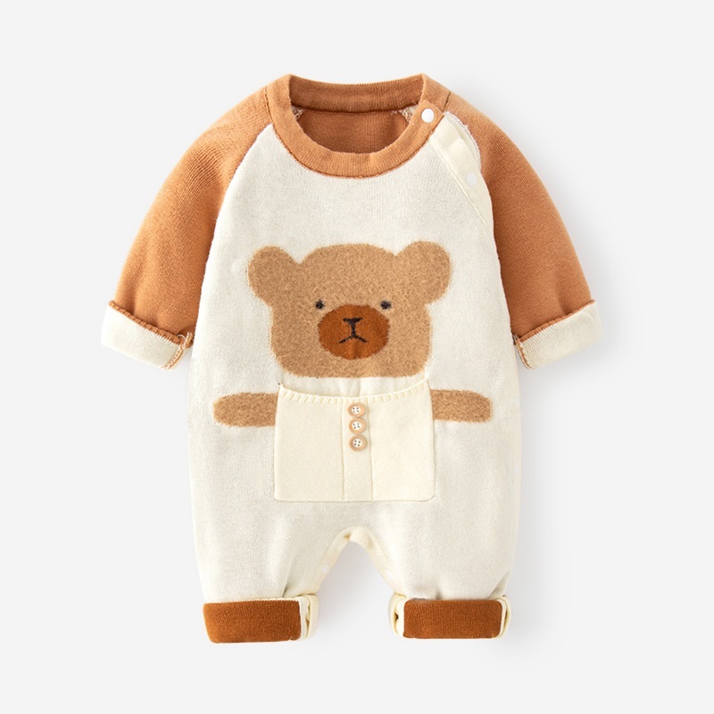 Baby Boy Cute Pocket Bear Design Knitted Long Sleeve Romper-kissminis