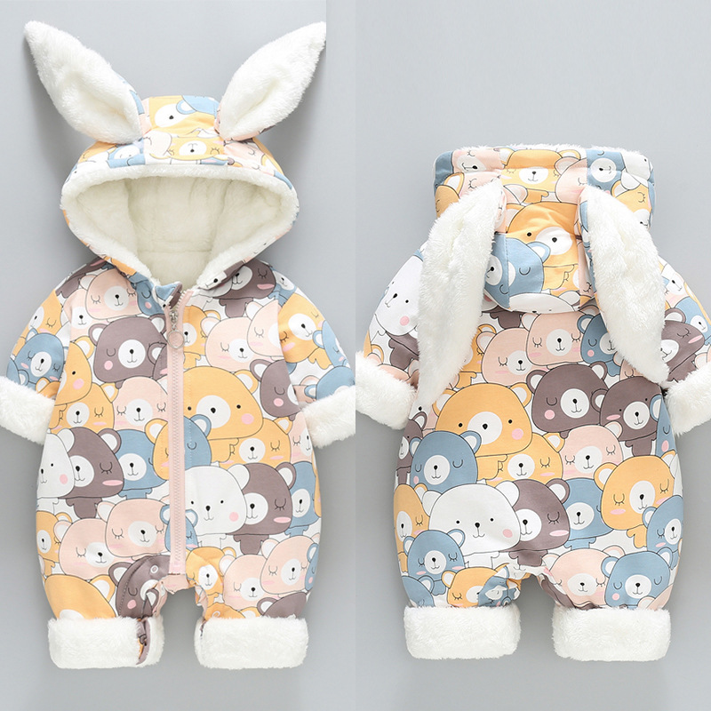 Baby Boy/Girl Winter Cartoon Allover Thicken Fuzzy Hooded Long Sleeve Romper-kissminis