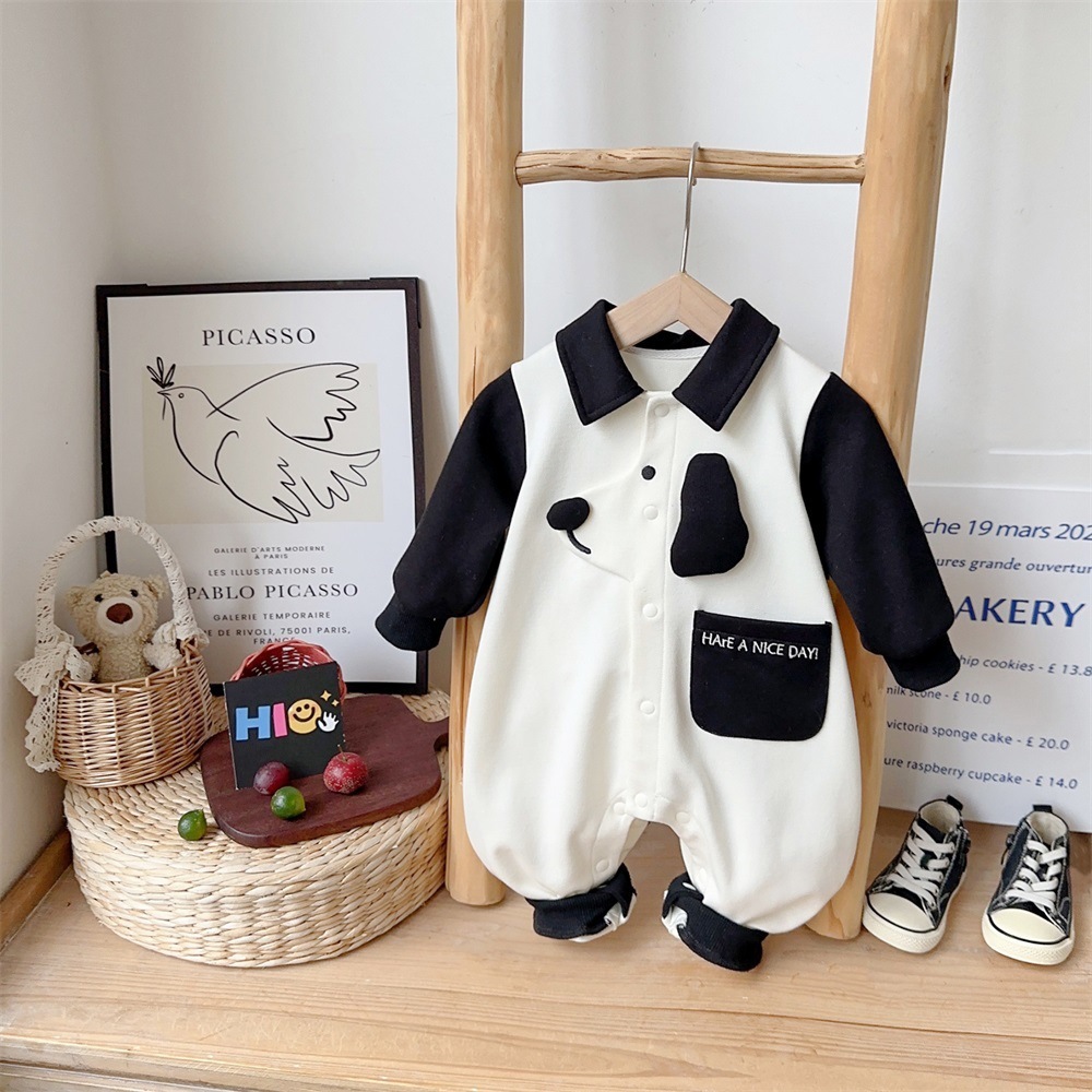 Dog-themed Design Pocket Black and White Romper
