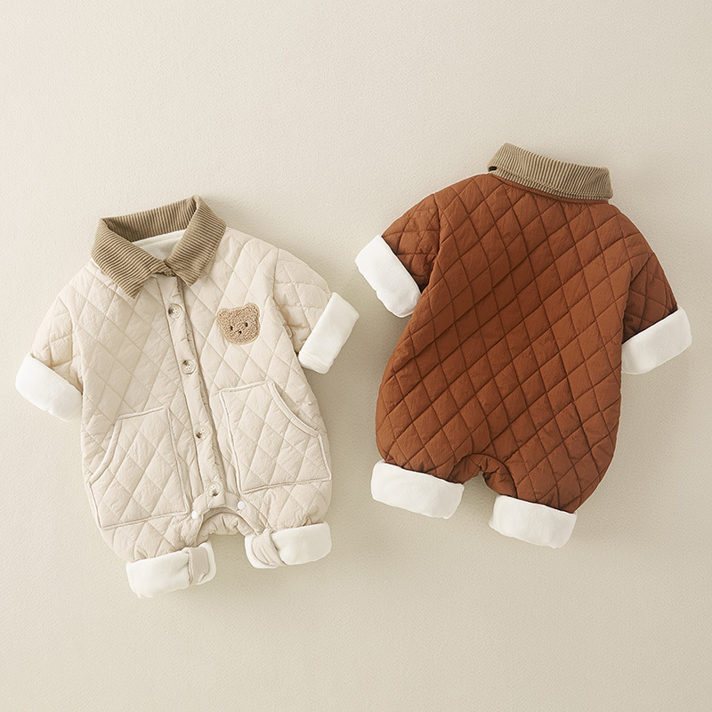 Baby Boy & Girl Cartoon Bear Graphic Thicken Long Sleeve Romper-kissminis