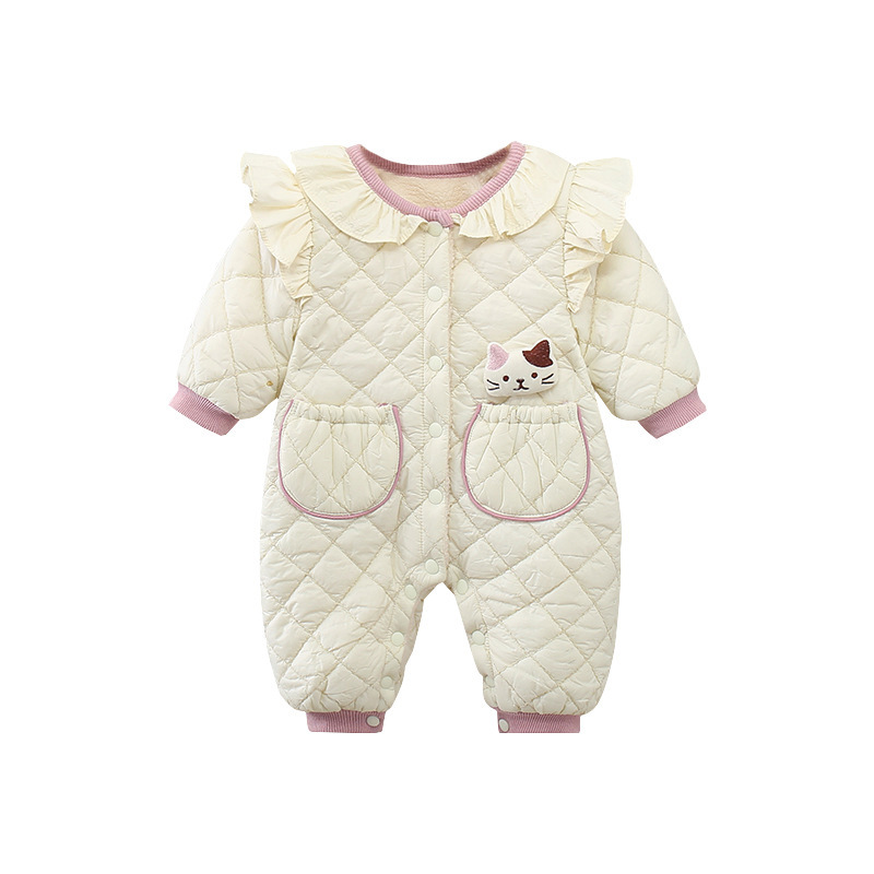 Baby Boy/Girl Thicken Fleece Cute 3D Cat Design Graphic Long Sleeve Romper-kissminis
