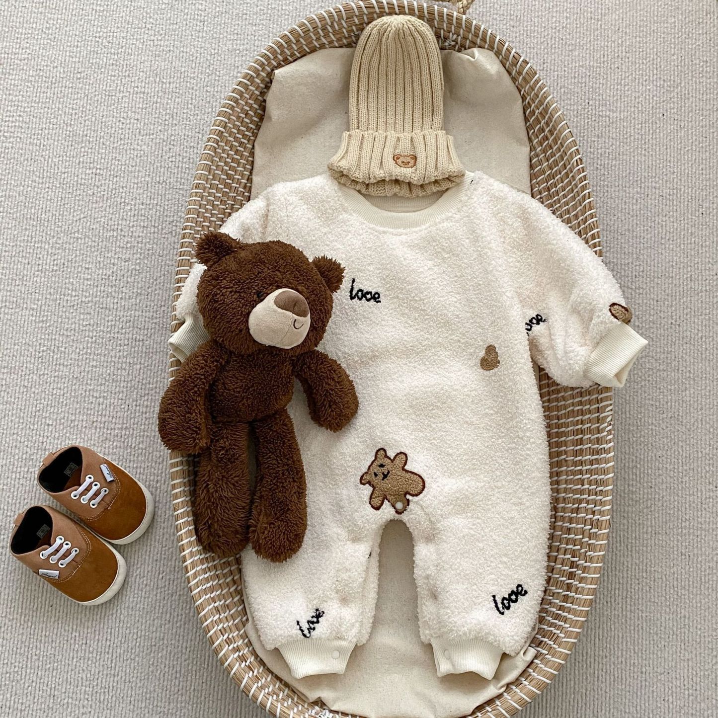 Baby Winter Fleece Solid Color Bear Pattern Romper-kissminis