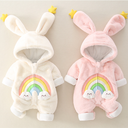 Baby Toddler Girl Winter Rainbow Pattern and Rabbit Ears Design Fluff Long Sleeve Hooded Romper-kissminis