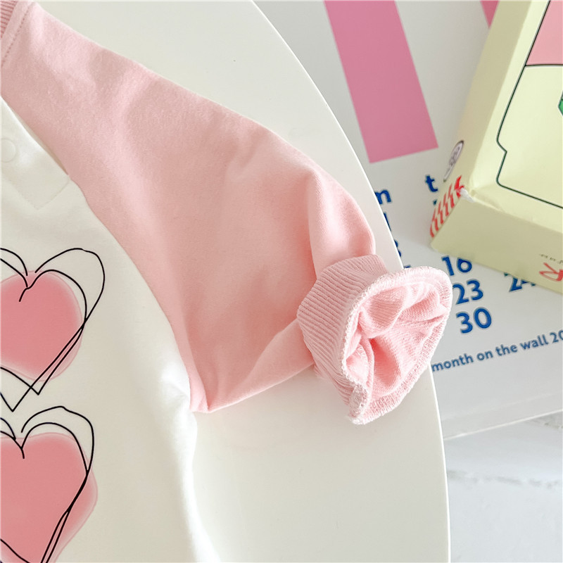 Baby Girl Heart Print Graphic Fluff Block Color Long Sleeve Romper