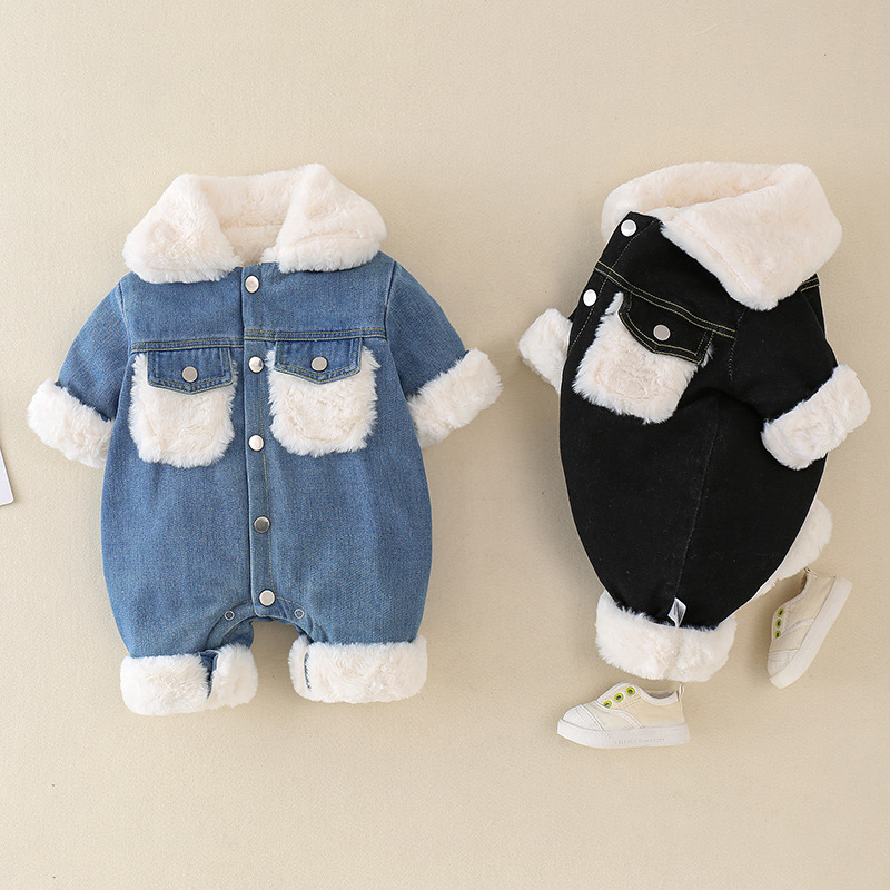 Baby Boy Winter Denim Single Breasted Long Sleeve Fluff Romper-kissminis