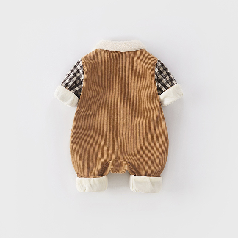 Baby Boy Winter Thicken Plaid Collar Long Sleeve Romper-kissminis